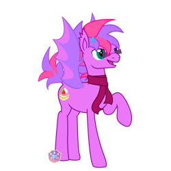 Size: 894x894 | Tagged: safe, artist:lovelypromise, imported from derpibooru, oc, oc only, oc:fruity, bat pony, pony, baked goods, bat pony oc, bat wings, cake, clothes, colored, cutie mark, dessert, ear fluff, fangs, femboy, feminine stallion, food, fruitcake, glasses, grin, hairpin, happy, male, open mouth, pointed ears, raised hoof, scarf, short mane, short tail, slender, slit eyes, slit pupils, smiling, spread wings, stallion, standing, strawberry, tall, whipped cream, wings