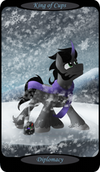 Size: 1500x2591 | Tagged: safe, artist:sixes&sevens, imported from derpibooru, part of a set, king sombra, pony, unicorn, blizzard, clothes, duality, goblet, king of cups, male, minor, mountain, multeity, reformed sombra, scarf, self ponidox, snow, snowfall, solo, tarot card, wind