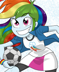 Size: 5509x6709 | Tagged: safe, artist:alligatorgummy, artist:lunchie, imported from derpibooru, rainbow dash, equestria girls, rainbow rocks, absurd resolution, clothes, compression shorts, credits, female, football, old version, shine like rainbows, skirt, solo, sports