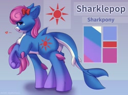 Size: 2048x1535 | Tagged: safe, artist:alphadesu, imported from derpibooru, oc, oc:sharklepop, original species, pony, shark, shark pony, abstract background, bow, butt, cheek fluff, chest fluff, commission, cutie mark, ear fluff, female, fins, floppy ears, hair bow, heart, hoof fluff, leg fluff, lidded eyes, looking at you, looking back, mare, plot, raised hoof, reference sheet, shoulder fluff, smiling, solo, underhoof