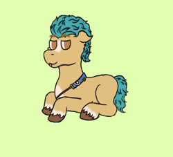 Size: 482x437 | Tagged: source needed, safe, artist:un simple tio, imported from derpibooru, hitch trailblazer, earth pony, pony, blaze (coat marking), blue hair, blue tail, body markings, brown eyes, coat markings, facial markings, g5, hoof fluff, looking at you, lying, lying down, simple background, solo, tongue out