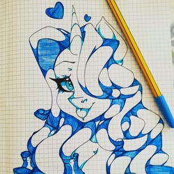 Size: 1080x1080 | Tagged: safe, artist:tessa_key_, imported from derpibooru, rarity, pony, unicorn, :p, bust, eyelashes, female, graph paper, hair over one eye, heart, horn, lineart, mare, pen, solo, tongue out, traditional art