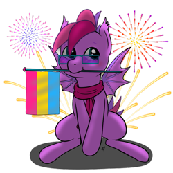 Size: 613x613 | Tagged: safe, artist:mewinabubble, imported from derpibooru, oc, oc only, oc:fruity, bat pony, pony, aside glance, bat pony oc, bat wings, blushing, closed mouth, clothes, colored, cutie mark, ear fluff, femboy, feminine stallion, fireworks, flag, flag pole, glasses, grin, happy, holding, male, pansexual, pansexual pride flag, pointed ears, pride, pride flag, scarf, short mane, short tail, sideways glance, sitting, smiling, spread wings, stallion, wings