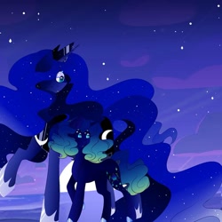 Size: 1080x1079 | Tagged: safe, artist:tessa_key_, imported from derpibooru, princess luna, oc, alicorn, pony, unicorn, duo, ethereal mane, female, hair over one eye, hoof shoes, horn, jewelry, looking back, mare, night, peytral, raised hoof, solo, starry mane, stars, story included, tiara, unicorn oc, wings