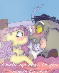 Size: 899x1124 | Tagged: safe, artist:cocolove2176, imported from derpibooru, discord, fluttershy, draconequus, pegasus, pony, comic:i woke up next to you, blushing, chest fluff, comic, discoshy, female, male, mare, shipping, straight, wide eyes