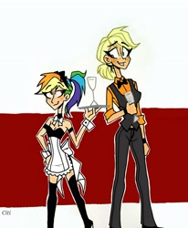 Size: 2510x3049 | Tagged: safe, artist:citi, imported from derpibooru, applejack, rainbow dash, human, appledash, clothes, female, height difference, high res, humanized, lesbian, maid, rainbow maid, shipping, waitress