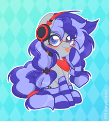 Size: 1779x1974 | Tagged: safe, artist:ninnydraws, imported from derpibooru, oc, oc only, oc:cinnabyte, earth pony, pony, :p, clothes, female, glasses, headset, looking at you, mare, simple background, sitting, socks, solo, striped socks, tongue out