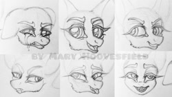 Size: 1024x576 | Tagged: safe, artist:maryhoovesfield, imported from derpibooru, oc, oc only, pony, bust, crying, expressions, eyelashes, female, floppy ears, grayscale, lineart, mare, monochrome, open mouth, signature, smiling, suspicious, traditional art