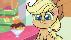 Size: 1920x1080 | Tagged: safe, imported from derpibooru, screencap, applejack, pony, how applejack got her hat back, my little pony: pony life, spoiler:pony life s01e04, 1080p, cute, female, food, g4.5, ice cream, jackabetes, mare, pony life, solo