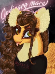 Size: 765x1024 | Tagged: safe, alternate version, artist:maryhoovesfield, imported from derpibooru, oc, oc only, oc:mary, pegasus, pony, :p, bust, chest fluff, clothes, ear fluff, ear piercing, earring, eyelashes, female, jewelry, mare, pegasus oc, piercing, solo, tongue out, wings