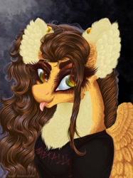 Size: 765x1024 | Tagged: safe, alternate version, artist:maryhoovesfield, imported from derpibooru, oc, oc only, oc:mary, pegasus, pony, :p, bust, chest fluff, clothes, ear fluff, ear piercing, earring, eyelashes, female, jewelry, mare, pegasus oc, piercing, solo, tongue out, wings