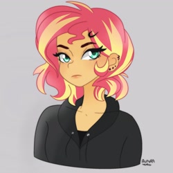 Size: 2048x2048 | Tagged: safe, artist:rapunzelights, artist:twiskielulamoon, imported from derpibooru, sunset shimmer, equestria girls, alternate hairstyle, bust, clothes, ear piercing, earring, eyelashes, female, frown, gray background, high res, hoodie, jewelry, piercing, short hair, signature, simple background, solo