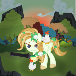 Size: 6095x6062 | Tagged: safe, artist:devorierdeos, imported from derpibooru, oc, oc only, oc:clover, bird, chicken, firefly (insect), insect, pegasus, pony, flower, flower in hair, forest, lamp, solo, sunset