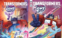 Size: 2292x1408 | Tagged: safe, artist:tonyfleecs, idw, imported from derpibooru, applejack, fluttershy, pinkie pie, rainbow dash, rarity, twilight sparkle, pony, spoiler:comic, spoiler:friendship in disguise, crossover, friendship in disguise, mane six, megatron, optimus prime, the magic of cybertron, transformers