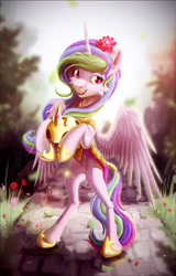 Size: 1761x2743 | Tagged: safe, artist:itssim, imported from derpibooru, princess celestia, alicorn, pony, armor, bipedal, flower, forest, helmet, solo, wings