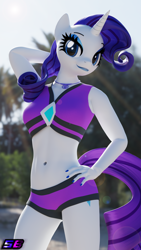 Size: 2160x3840 | Tagged: safe, artist:shadowboltsfm, imported from derpibooru, rarity, anthro, plantigrade anthro, 3d, 4k, arm behind head, beach shorts swimsuit, beautiful, belly button, bicolor swimsuit, blender, breasts, clothes, cute, equestria girls outfit, eyelashes, eyeshadow, geode of shielding, hand on hip, high res, jeweled swimsuit, jewelry, lens flare, lipstick, looking at you, magical geodes, makeup, midriff, nail polish, necklace, not sfm, purple swimsuit, rarity's beach shorts swimsuit, rarity's purple bikini, sexy, smiling, solo, swimsuit