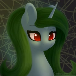 Size: 3240x3240 | Tagged: safe, artist:darbedarmoc, imported from derpibooru, oc, oc only, oc:minerva, pony, unicorn, green mane, high res, red eyes, solo