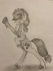 Size: 3024x4032 | Tagged: safe, artist:ginnythequeen, imported from derpibooru, applejack, earth pony, pony, bipedal, chest fluff, dock, grin, monochrome, paper, pencil drawing, raised leg, smiling, straw in mouth, traditional art, underhoof, unshorn fetlocks
