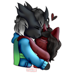 Size: 600x600 | Tagged: safe, artist:dian-trex, imported from derpibooru, oc, oc:cherry pen, oc:split mask, anthro, changeling, pony, unicorn, clothes, couple, double colored changeling, female, halfbody, heart, hug, jacket, male, white changeling