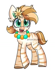 Size: 1119x1468 | Tagged: safe, artist:handgunboi, imported from derpibooru, oc, oc only, oc:bombay colada, pony, zebra, commission, cute, female, flower, flower in hair, happy, jewelry, mare, necklace, ocbetes, open mouth, ponytail, simple background, smiling, solo, white background, zebra oc