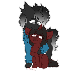 Size: 700x700 | Tagged: safe, artist:dian-trex, imported from derpibooru, oc, oc:cherry pen, oc:split mask, changeling, pony, unicorn, clothes, couple, cuddling, feral, jacket, white changeling