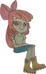 Size: 750x1200 | Tagged: safe, artist:jebens1, artist:therandomone95, imported from derpibooru, apple bloom, equestria girls, apple bloom's bow, boots, bow, clothes, hair bow, jeans, looking at you, pants, shirt, shoes, simple background, sitting, smiling, smug, solo, transparent background
