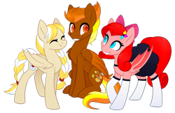 Size: 1852x1200 | Tagged: safe, artist:scarlet-spectrum, imported from derpibooru, oc, oc only, oc:maple, oc:mapleshine, oc:molly d, oc:windflyer, bat pony, pegasus, pony, braided ponytail, braided tail, clothes, cute, fangs, female, looking at each other, male, mare, simple background, skirt, socks, stallion, transparent background, two toned mane, two toned wings, wings
