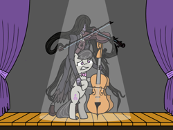 Size: 674x507 | Tagged: safe, artist:cheri, imported from derpibooru, octavia melody, earth pony, human, pony, a puppet to her fame, bow (instrument), cello, controlled, frightened, identity v, messy mane, music, musical instrument, performance, request, stage, violin