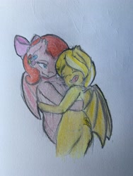 Size: 3024x4032 | Tagged: safe, artist:cloudnova-art, imported from derpibooru, oc, oc:maple, oc:mapleshine, oc:molly d, bat pony, hug, species swap, traditional art