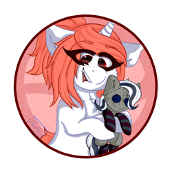 Size: 1280x1280 | Tagged: safe, artist:dian-trex, imported from derpibooru, oc, oc only, oc:bellai, pony, unicorn, excited, female, floppy ears, halfbody, happy, icon, plushie, solo, toy