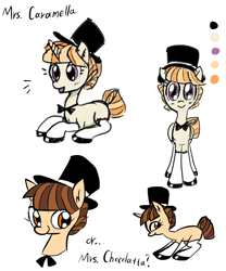 Size: 1602x1922 | Tagged: safe, artist:saltycube, derpibooru exclusive, imported from derpibooru, oc, oc only, earth pony, pony, unicorn, bowtie, clothes, concept art, female, hat, mare, shoes, socks, solo, thigh highs, top hat