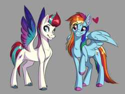 Size: 4000x3000 | Tagged: safe, artist:faline-art, imported from derpibooru, rainbow dash, zipp storm, pegasus, pony, colored wings, duo, ear fluff, female, g5, gray background, heart, high res, mare, multicolored tail, multicolored wings, simple background, smiling, spread wings, unshorn fetlocks, wings