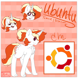 Size: 1280x1280 | Tagged: safe, artist:dian-trex, artist:diantrex, imported from derpibooru, oc, oc only, oc:ubuntu, cat, pony, unicorn, chest fluff, emotes, female, happy, laughing, linux, paws, ponytail, reference, reference sheet, side view, solo, tongue out, ubuntu, white fur