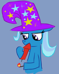 Size: 342x428 | Tagged: safe, artist:selfdestruct2, imported from derpibooru, trixie, pony, unicorn, blue background, clothes, female, fireworks, hat, mare, mouth hold, simple background, solo, this will end in death, this will not end well, too dumb to live, trixie's hat