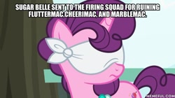 Size: 600x337 | Tagged: safe, edit, edited screencap, imported from derpibooru, screencap, sugar belle, the big mac question, blindfold, caption, image macro, implied execution, op is a duck, op is trying to start shit, text