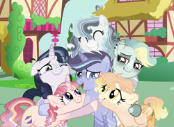 Size: 2661x1949 | Tagged: safe, artist:xxcheerupxxx, imported from derpibooru, oc, oc only, oc:aqua lagoon, oc:elastic heart, oc:mirabella, oc:moon hour, oc:silent heaven, oc:vanilla muffin, earth pony, pegasus, pony, unicorn, base used, female, group hug, hug, magical lesbian spawn, mare, offspring, parent:applejack, parent:moondancer, parent:pinkie pie, parent:rainbow dash, parent:rarity, parent:starlight glimmer, parent:trixie, parent:twilight sparkle, parents:appledash, parents:derpyshy, parents:pinkiedancer, parents:rarilight, parents:startrix, parents:twidash