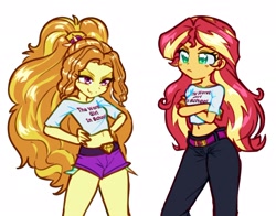 Size: 1920x1505 | Tagged: safe, artist:rileyav, imported from derpibooru, adagio dazzle, sunset shimmer, equestria girls, adoragio, adorasexy, belly button, blushing, booty shorts, clothes, colored pupils, crossed arms, cute, daisy dukes, delicious flat chest, duo, eyelashes, flatdagio dazzle, frown, hairband, hand on hip, large voluminous hair, midriff, off shoulder, pants, pouting, sexy, shimmerbetes, shirt, short shirt, shorts, smiling, smug