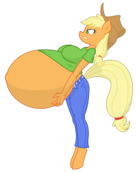 Size: 3200x4000 | Tagged: safe, artist:funble, artist:thenypod4, color edit, edit, imported from derpibooru, applejack, anthro, earth pony, unguligrade anthro, belly, belly button, big belly, breasts, busty applejack, clothes, colored, female, gritted teeth, hat, hyper, hyper belly, hyper pregnancy, impossibly large belly, outie belly button, pants, preggo jack, pregnant, simple background, solo, sweat, transparent background