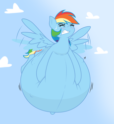 Size: 3500x3800 | Tagged: safe, artist:funble, artist:thenypod4, color edit, edit, imported from derpibooru, rainbow dash, pegasus, pony, belly button, blushing, cloud, colored, eyes closed, female, flying, gritted teeth, high res, hyper, hyper belly, hyper pregnancy, impossibly large belly, mare, momma dash, outie belly button, preggo dash, pregnant, solo, straining, sweat, sweatdrop, wings