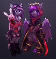 Size: 3424x3616 | Tagged: safe, artist:helemaranth, imported from derpibooru, oc, oc only, oc:mimicry, oc:platinum wing, bat pony, changeling, pony, bat pony oc, blood, changeling oc, high res, purple changeling, robbie the rabbit, silent hill