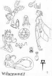 Size: 2028x2956 | Tagged: safe, artist:cindertale, imported from derpibooru, oc, oc only, anthro, changeling, lamia, original species, anthro with ponies, changeling oc, clothes, flying, high res, lineart, monochrome, simple background, sketch, sketch dump, traditional art, white background