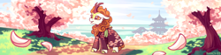 Size: 3000x757 | Tagged: safe, artist:nancy-05, imported from derpibooru, autumn blaze, kirin, awwtumn blaze, cherry blossoms, cherry tree, clothes, cloven hooves, cute, flower, flower blossom, kimono (clothing), pagoda, solo, tree