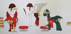 Size: 3799x1855 | Tagged: safe, artist:agdapl, imported from derpibooru, griffon, pegasus, pony, bread, clothes, crossover, food, helmet, male, ponified, signature, soldier, stallion, team fortress 2, traditional art, wings