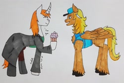 Size: 2853x1904 | Tagged: safe, artist:agdapl, imported from derpibooru, oc, oc only, pegasus, pony, unicorn, clothes, cupcake, duo, eyes closed, food, hat, hoof hold, horn, male, open mouth, pegasus oc, signature, smiling, stallion, traditional art, unicorn oc, unshorn fetlocks, wings