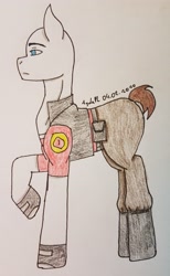 Size: 2049x3330 | Tagged: safe, artist:agdapl, imported from derpibooru, earth pony, pony, bald, clothes, crossover, heavy weapons guy, high res, male, pants, ponified, raised hoof, signature, solo, stallion, team fortress 2, traditional art
