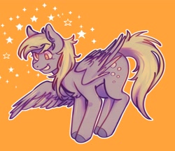 Size: 3944x3408 | Tagged: safe, artist:micknazty, imported from derpibooru, derpy hooves, pegasus, pony, food, high res, orange, orange background, simple background, solo, stars