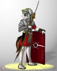 Size: 960x1200 | Tagged: safe, artist:miniferu, imported from derpibooru, oc, oc only, oc:jonas fletcher, anthro, armor, javelin, legionary, male, roman, shield, solo, sword, weapon
