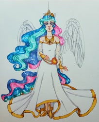 Size: 2679x3279 | Tagged: safe, artist:theartoffallensakura, imported from derpibooru, princess celestia, human, clothes, dress, high res, horn, horned humanization, humanized, solo, traditional art, winged humanization, wings