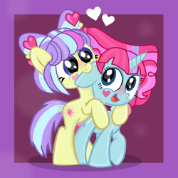 Size: 900x900 | Tagged: safe, artist:grapefruit-face, imported from derpibooru, kiwi lollipop, supernova zap, earth pony, pony, unicorn, base used, biting, blushing, cute, ear bite, equestria girls ponified, happy, hug, hug from behind, k-lo, k-lo betes, nibbling, ponified, postcrush, shipping, show accurate, su-z, su-z-betes