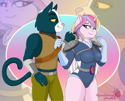 Size: 2227x1800 | Tagged: safe, artist:raspberrystudios, imported from derpibooru, oc, oc:aurelia charm, alicorn, anthro, unguligrade anthro, alicorn oc, avocato (final space), bedroom eyes, canon x oc, final space, furry, horn, not princess cadance, pulling, spacesuit, thighs, wings, zoom layer